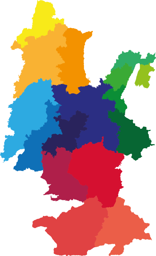 Karte mit den 16 Kirchengemeinden im Dekanat Weilheim