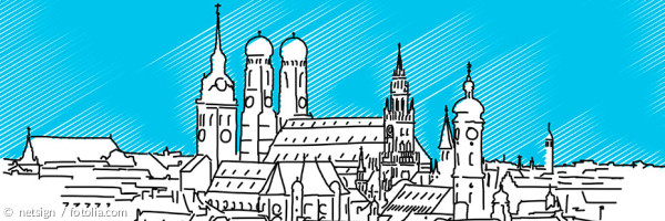 Skyline von München mit dem Alten Peter, der Frauenkirche und dem Rathaus